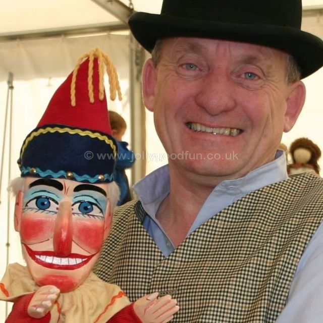 Prof Ron Wood with Mr Punch at Beamish Museum, County Durham