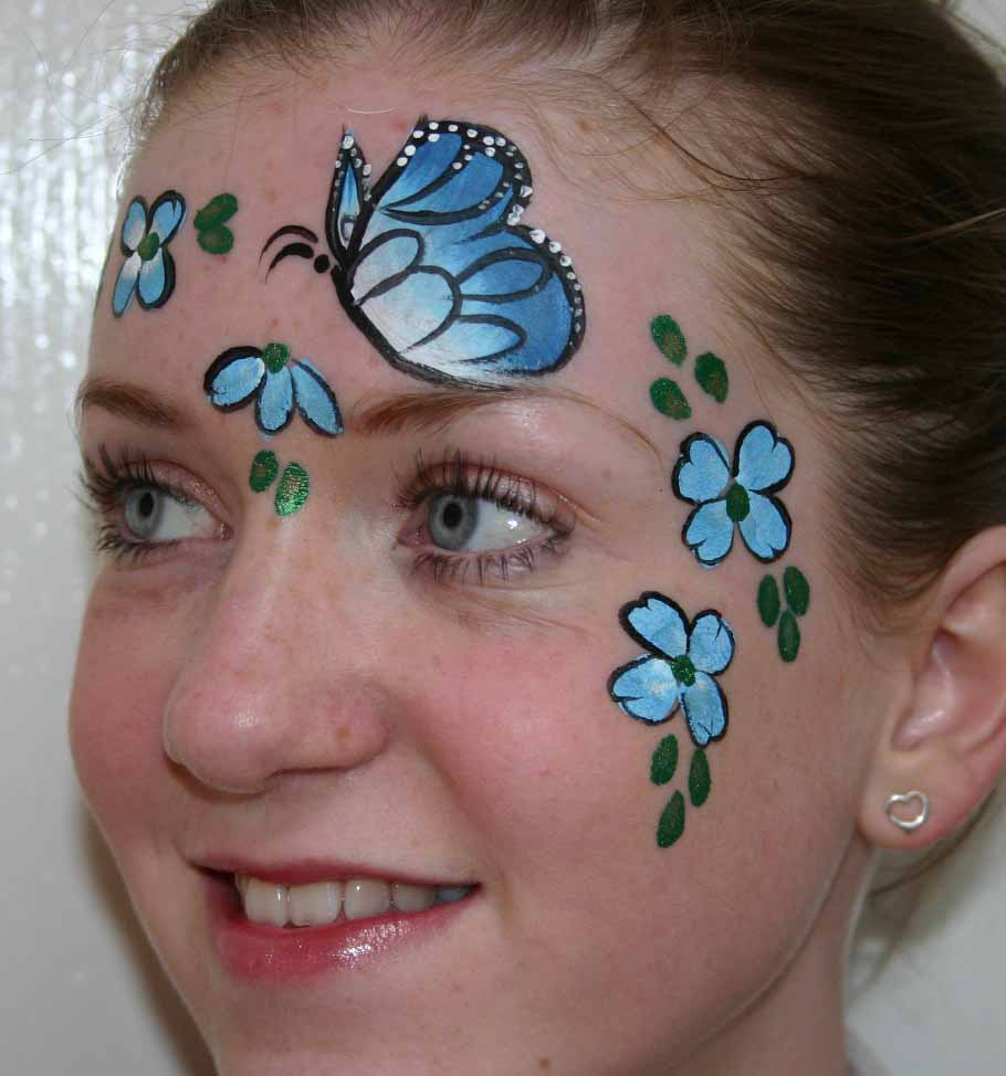 Blue butterfly and flower face-painting design by Hazel Wood