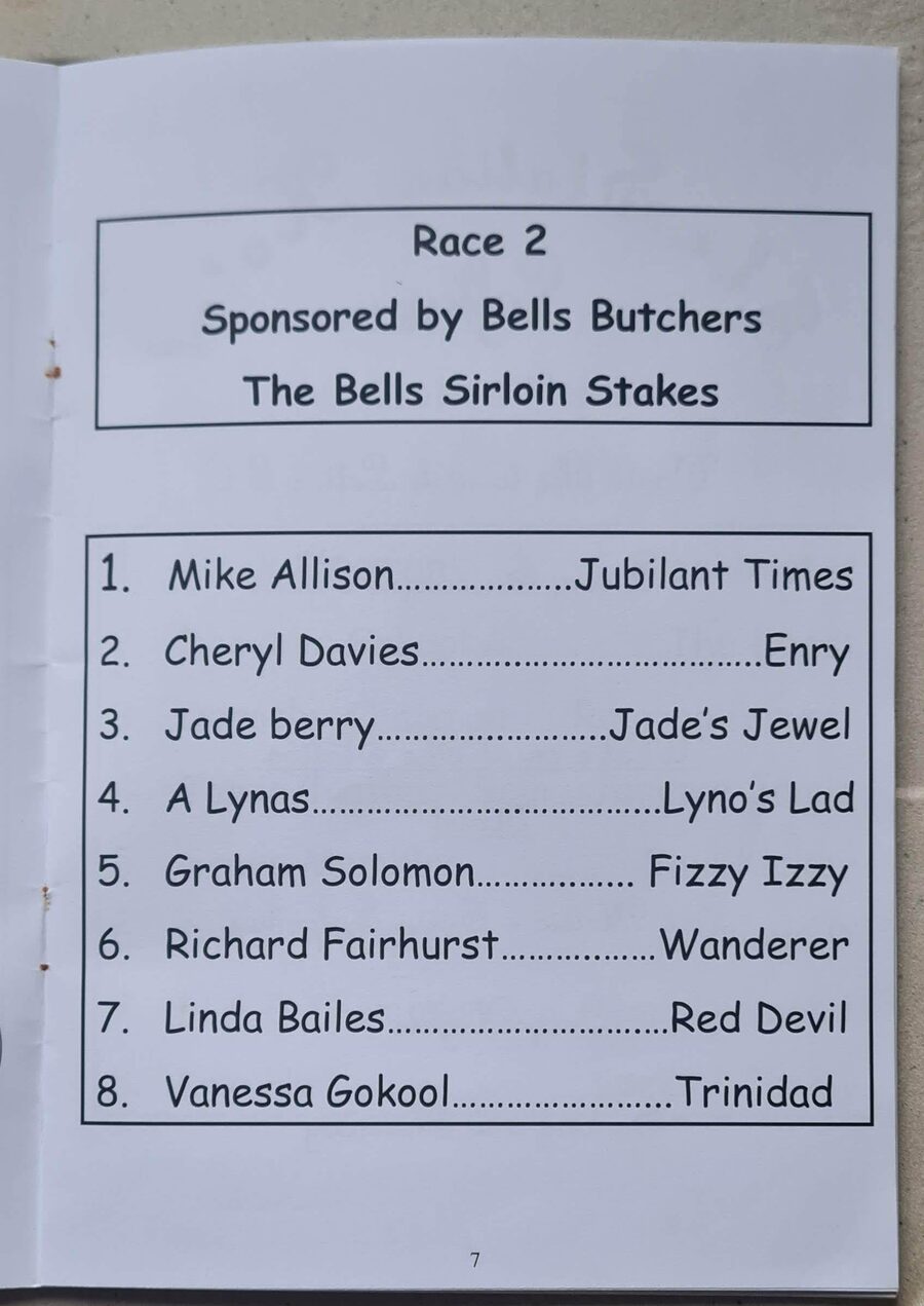 Inside page showing a sponsored race, owners and horse names