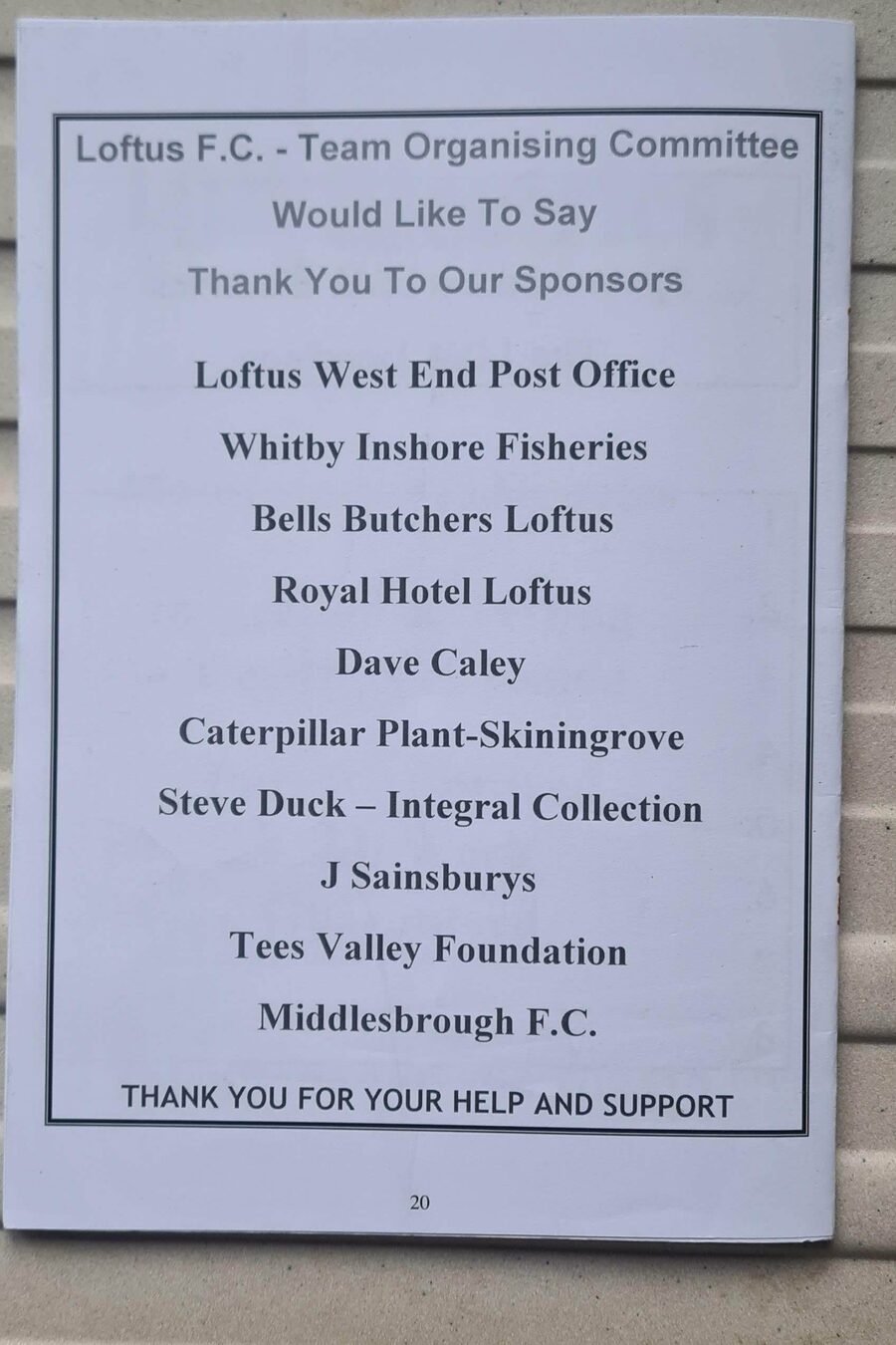 Race-card page thanking event sponsors