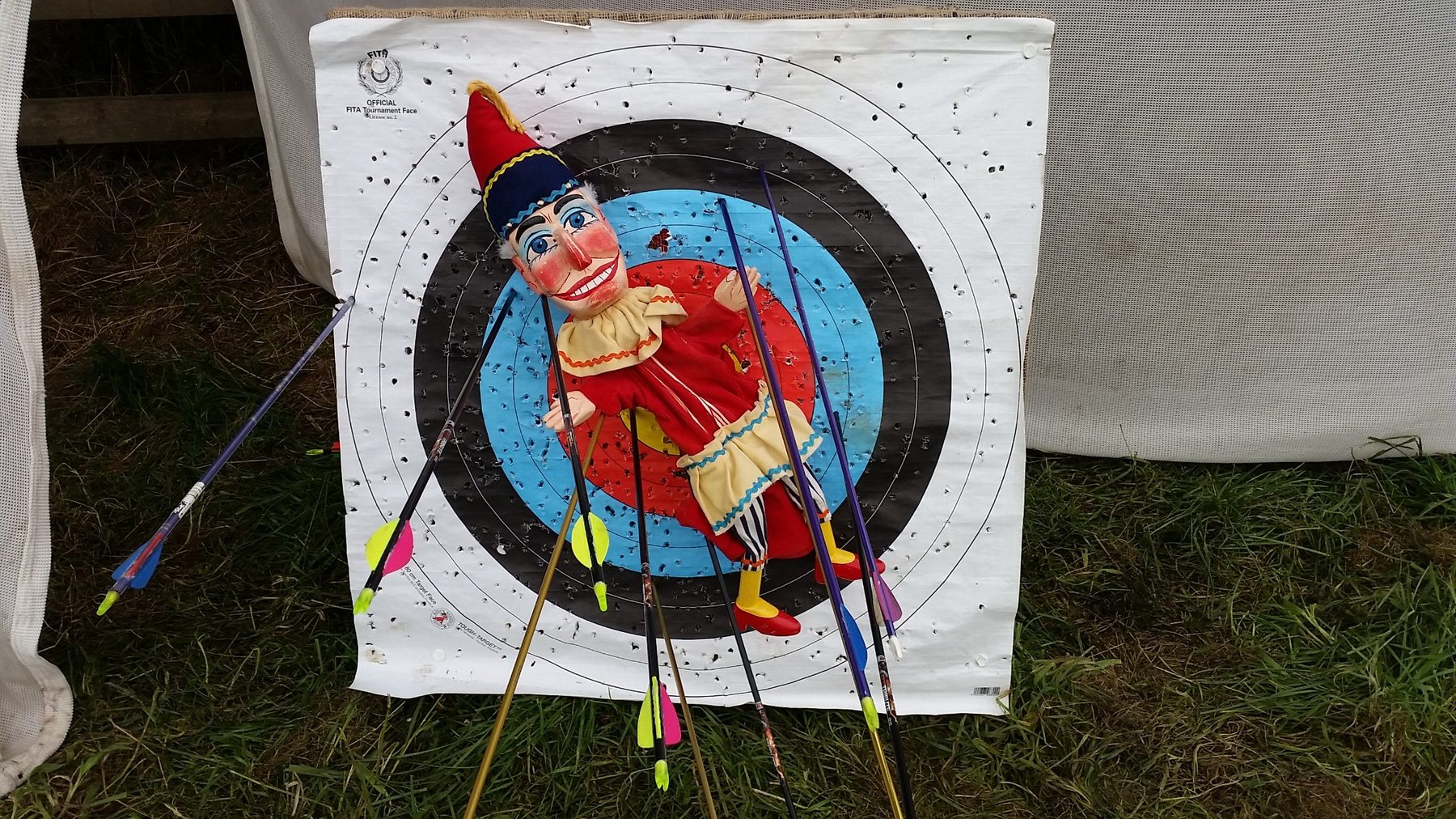 Mr Punch attached to an archery target during his tour of the Beamish Agricultural Show in September 2015