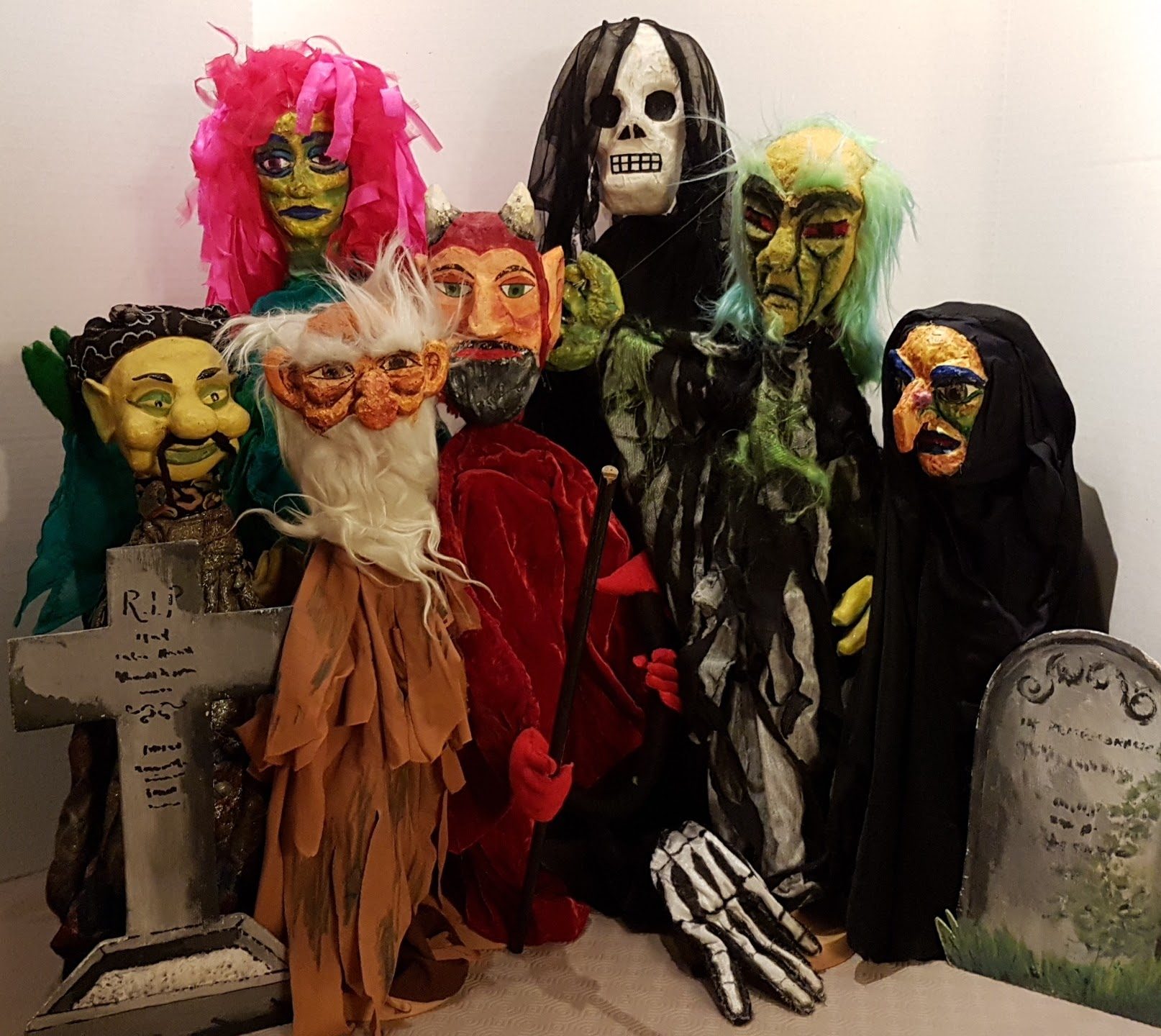 A collection of spooky puppets created for Professor Ron's Halloween shows at Beamish Museum