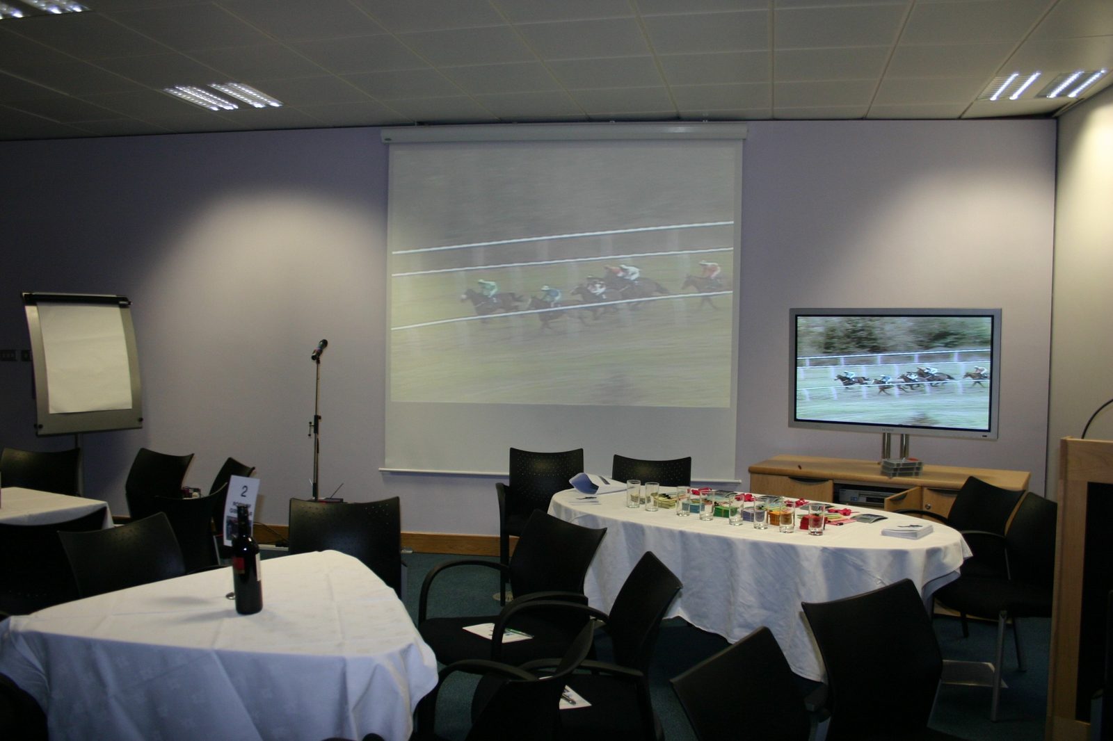 Projection screen and television set up for the corporate Race Night