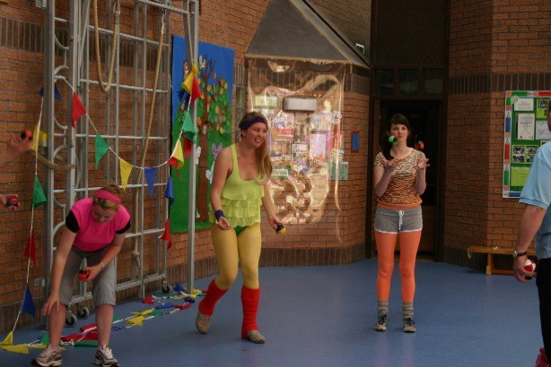 Hen-party guests trying circus skills