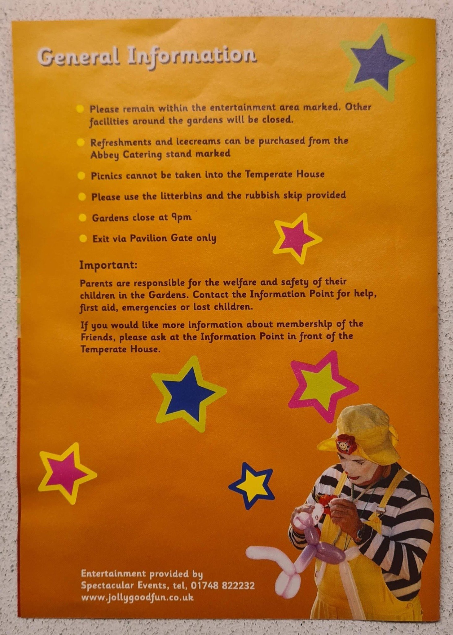 Back information page of the Kew Friends Family Picnic Party programme showing Spectacular Events as entertainment provider