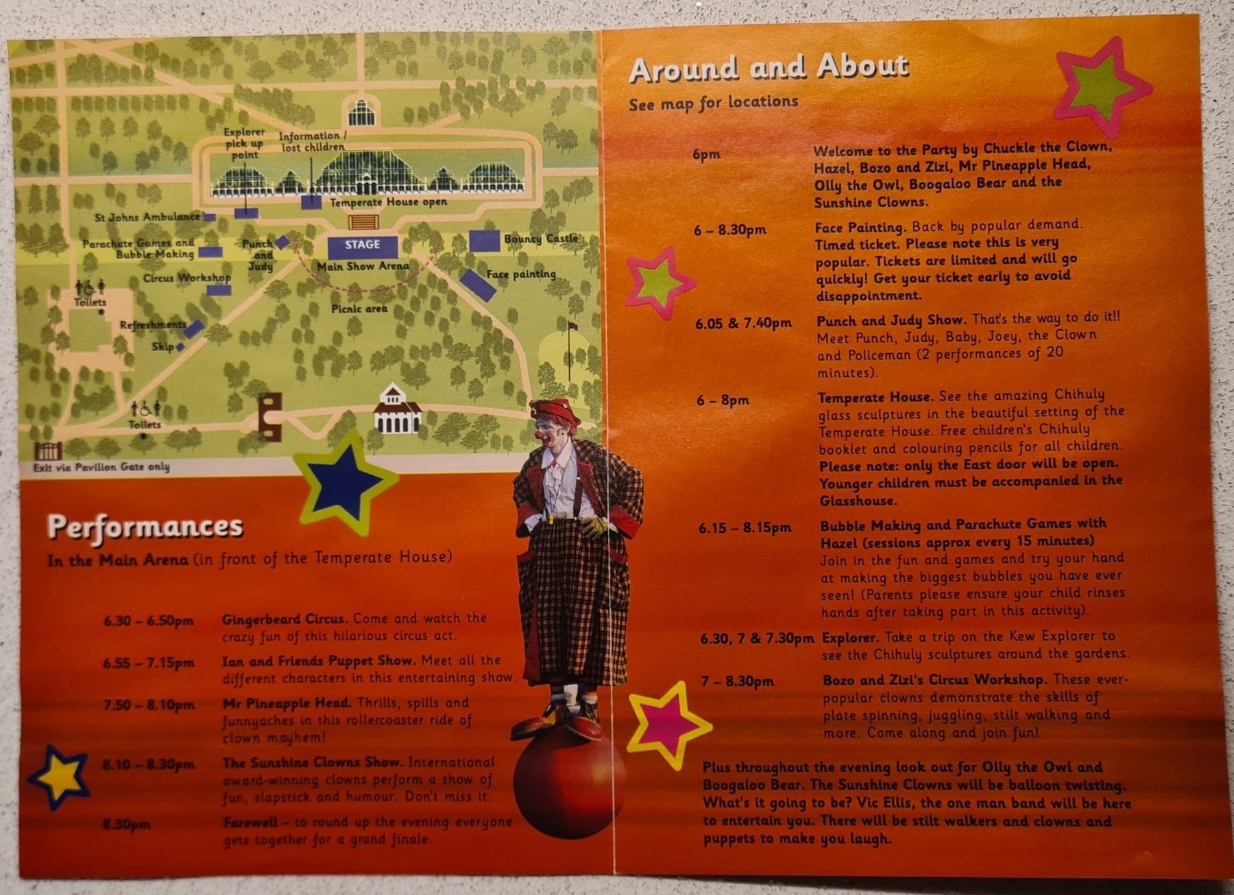 Open Kew Family Picnic Party programme showing the site plan and entertainment timetable