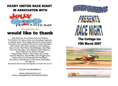 Front and back pages of a customised race card