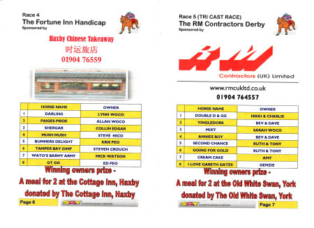 Customised race card pages showing races four and five